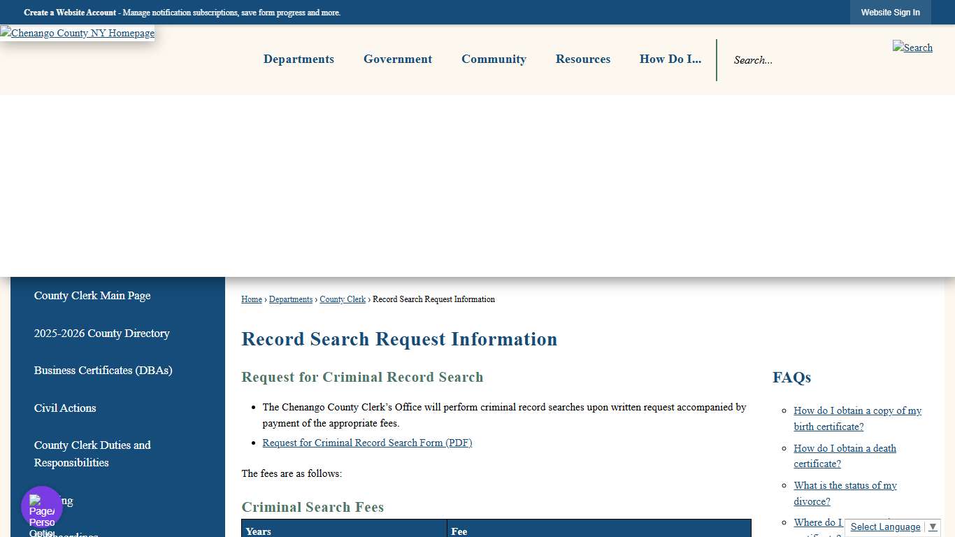 Record Search Request Information Chenango County, NY